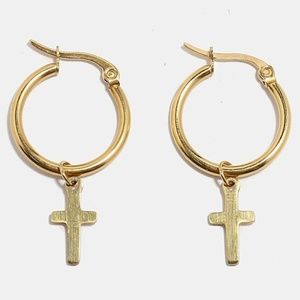 Gold Dainty Small Cross Hoop Earrings
